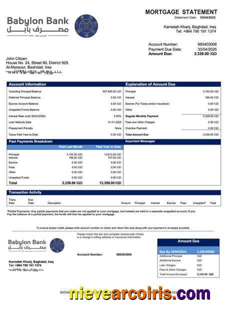 Iraq Babylon Bank mortgage statement Word and PDF template